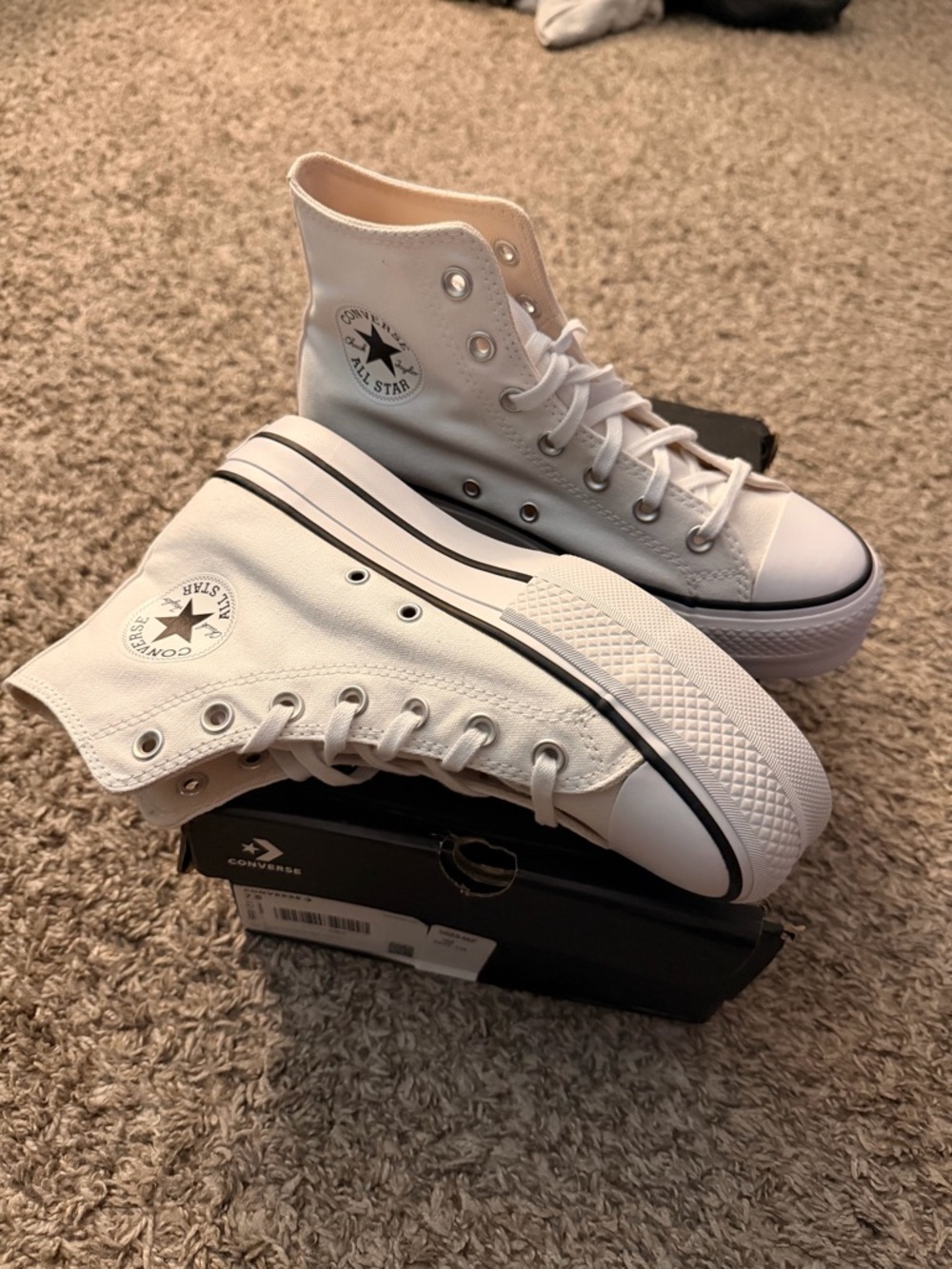 Converse White High Top Platform Sneakers with Black Stripe